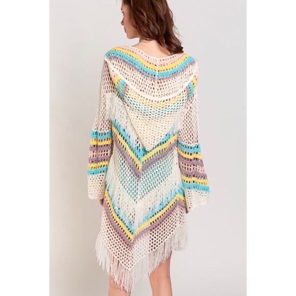 POL Beige Blue Crochet Hooded Cardigan with Fringe - Picture 4 of 7